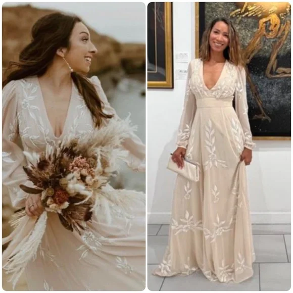 BHLDN Belize Embroidered A-Line Long-Sleeve V-Neck Gown 10 - Picture 9 of 16